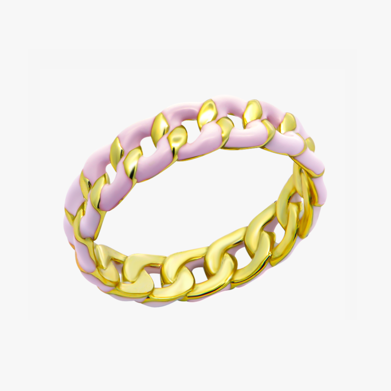 Επιχρυσωμένο Δαχτυλίδι Αλυσίδα με Ροζ Σμάλτο