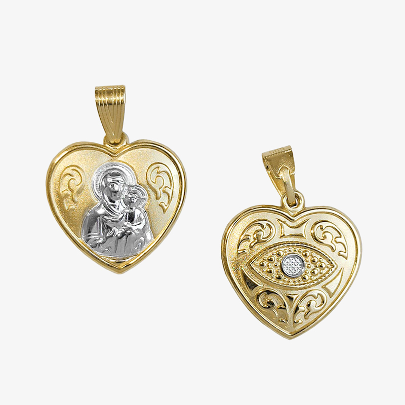 K9 Χρυσή Παναγία Διπλής Όψης σε Σχήμα Καρδιάς με Μάτι