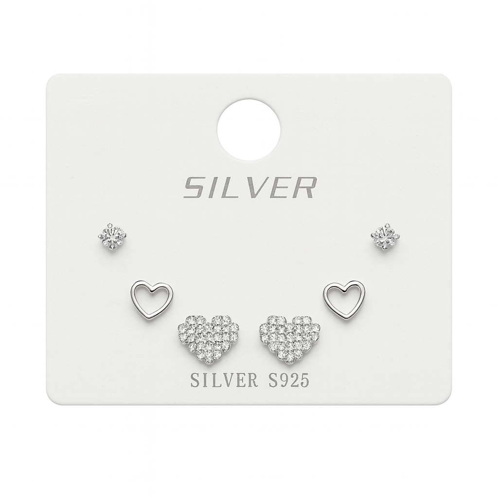 Σετ 6 Σκουλαρίκια Ασημένια 925 με Καρδιές