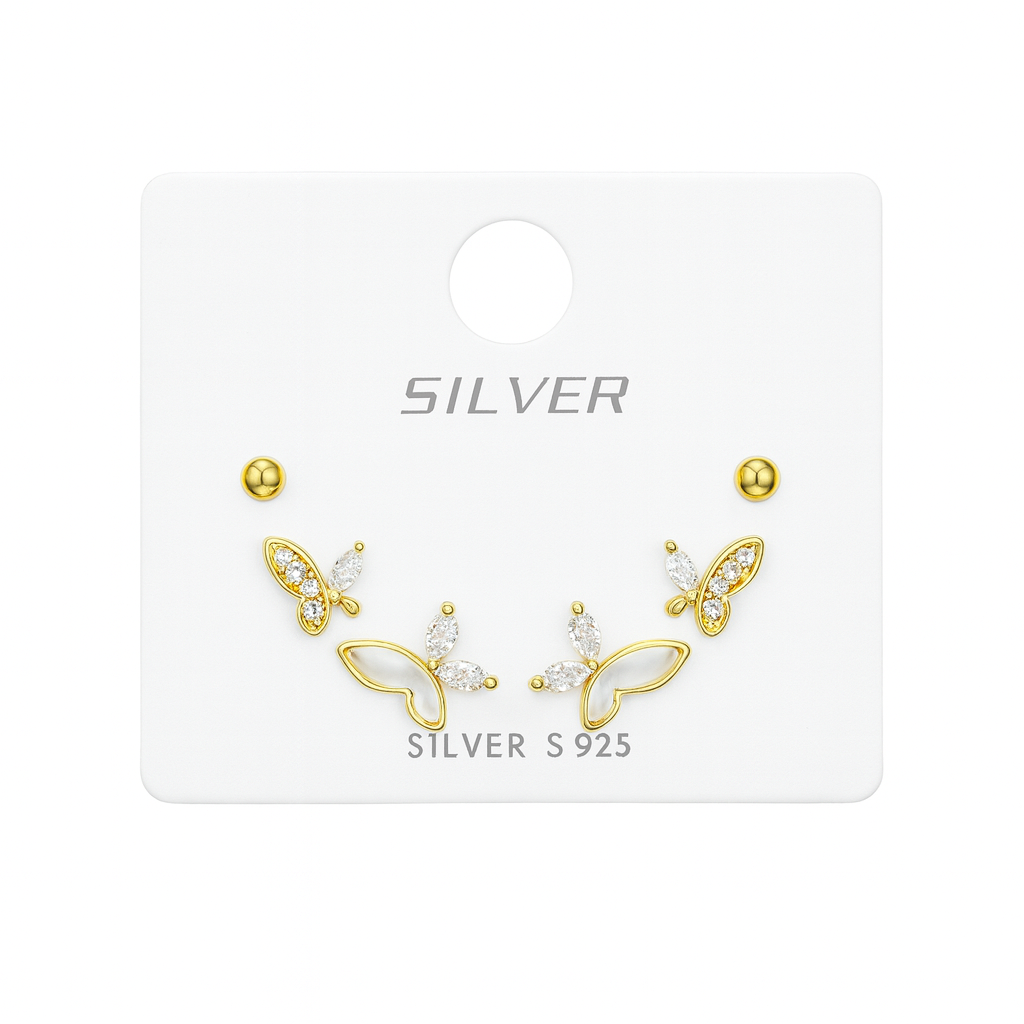 Σετ 6 Σκουλαρίκια Επιχρυσωμένα 24Κ με Πεταλούδες