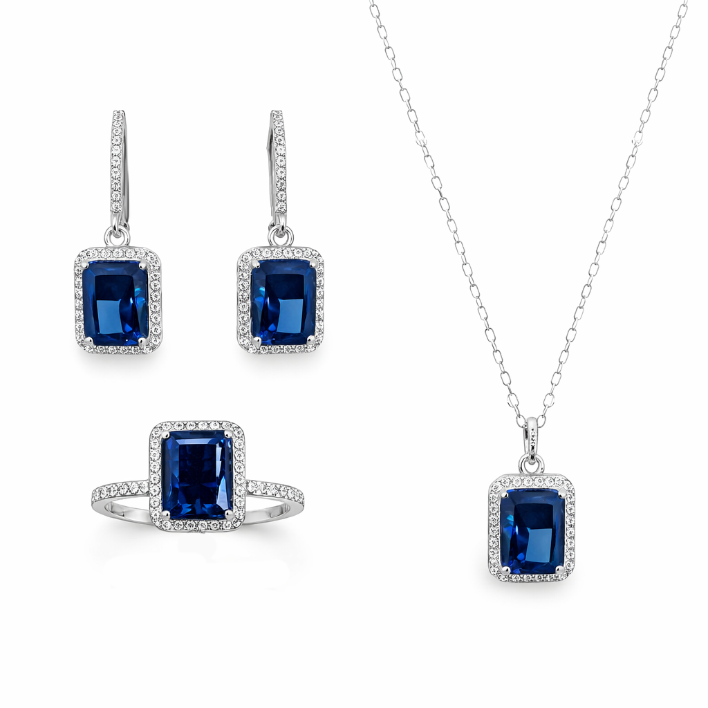Σετ Κοσμημάτων Ασήμι 925 Ice Cut με Μπλε Πέτρες