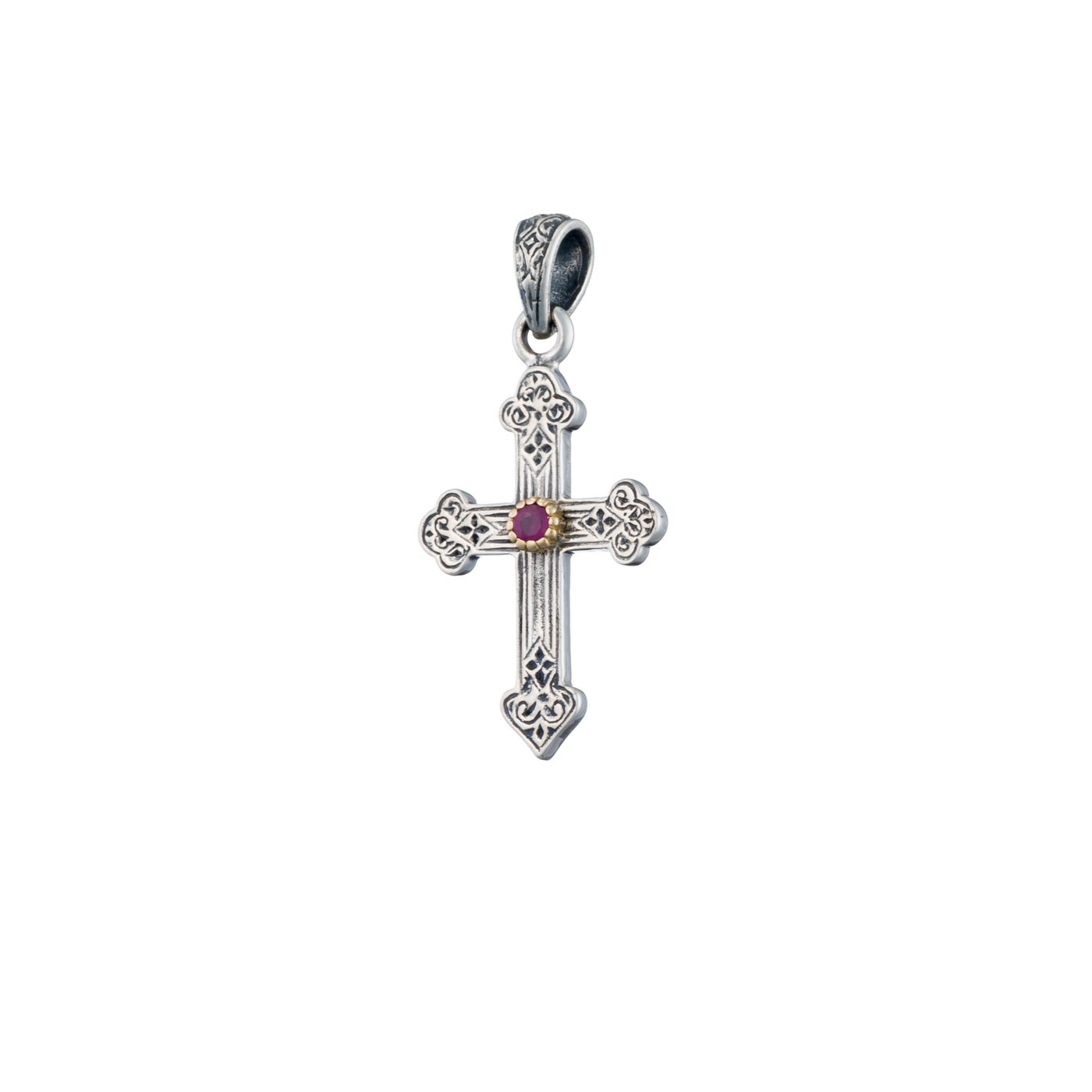 Gerochristo Byzantine Cross in Sterling Silver and 18K Gold with ruby